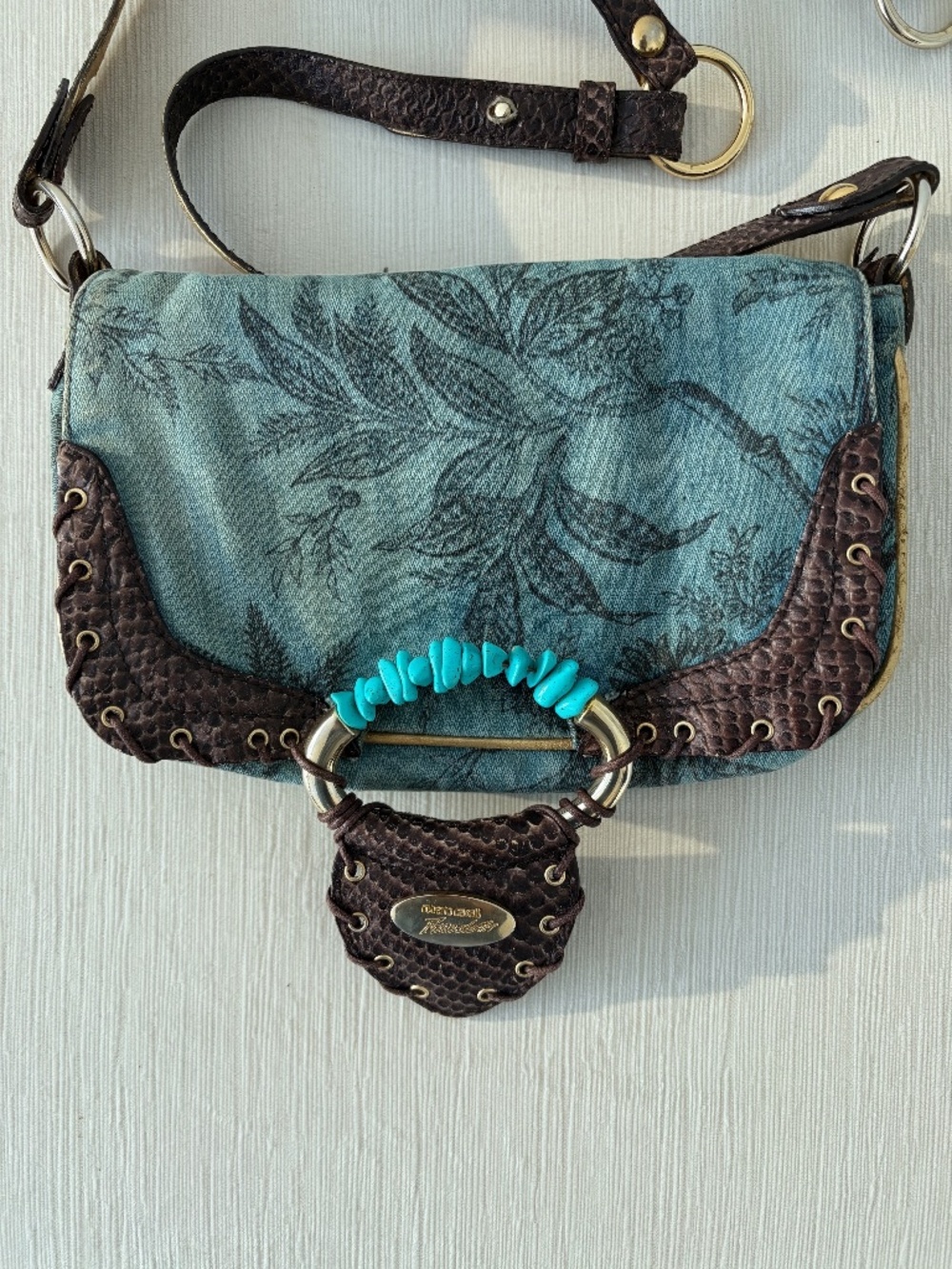 Roberto Cavalli Teal and Brown Shoulder Bag with Turquoise Accents